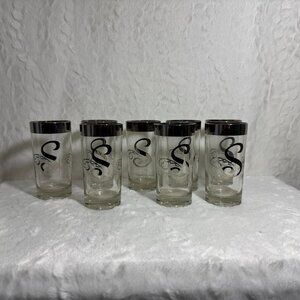 8 Vintage MCM Dorothy Thorpe Monogram “S” Silver Band Highball Tumbler Glasses